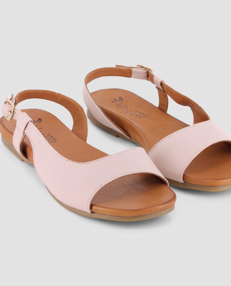 Sandálias Rasas de Pele com Fecho de Fivela Bege-4