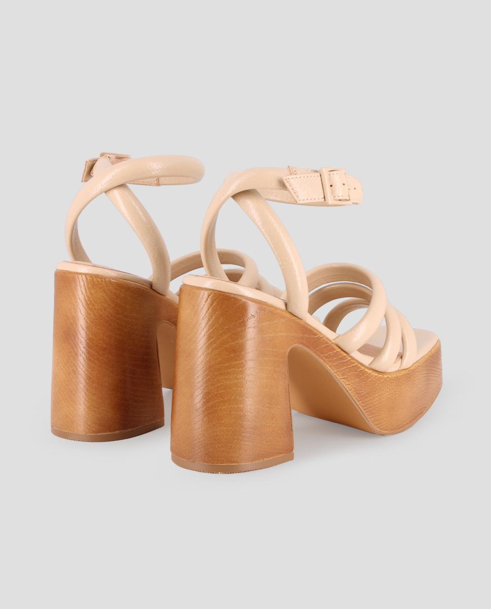 Sandálias de Salto com 3 Tiras e Fecho de Fivela Bege-3