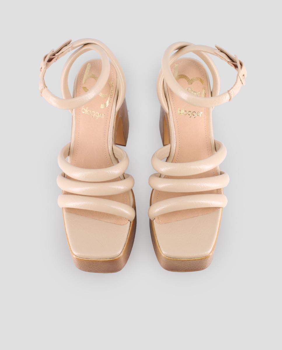 Sandálias de Salto com 3 Tiras e Fecho de Fivela Bege-5