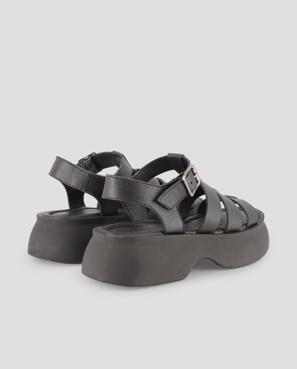 Sandálias de Plataforma em Pele com Fecho de Fivela Preto-3