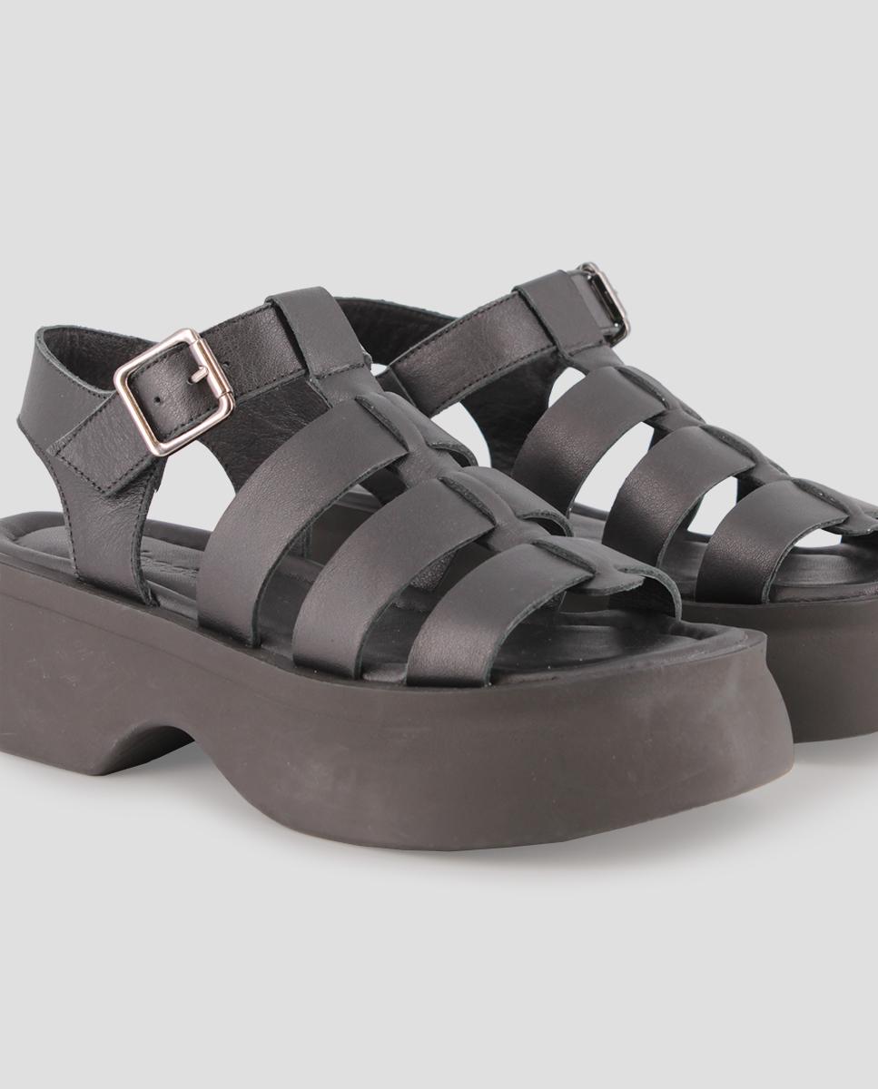 Sandálias de Plataforma em Pele com Fecho de Fivela Preto-4