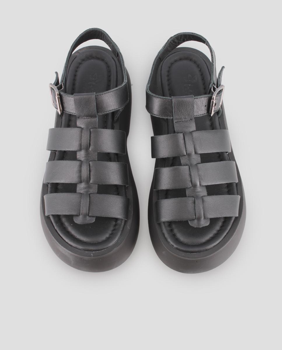 Sandálias de Plataforma em Pele com Fecho de Fivela Preto-5