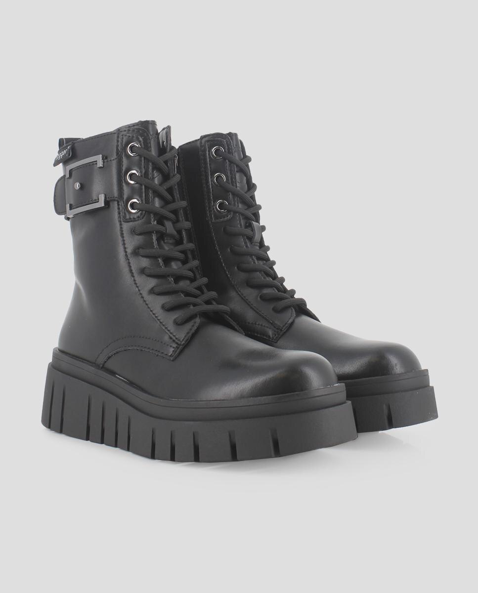 Botins Estilo Militar com Fecho Zip e Atacadores Preto-2