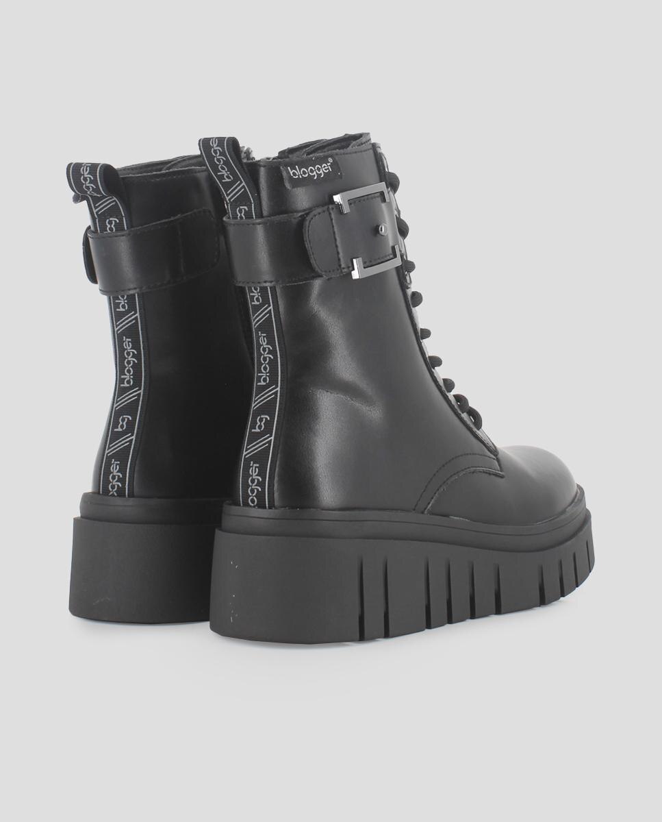 Botins Estilo Militar com Fecho Zip e Atacadores Preto-3