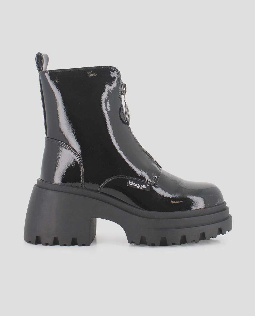 Botins Efeito Verniz com Fecho Zip Frontal Preto-1