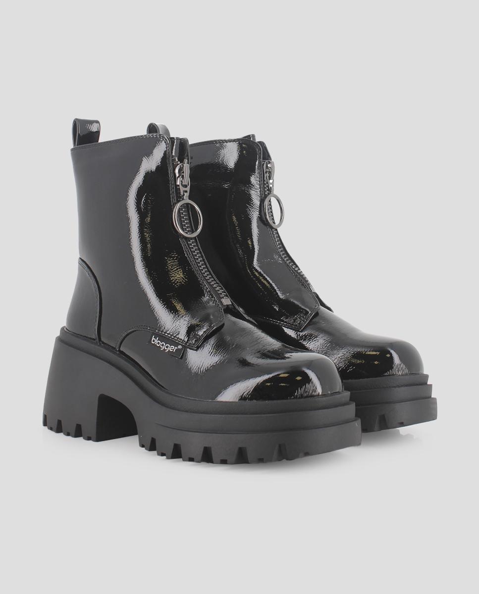 Botins Efeito Verniz com Fecho Zip Frontal Preto-2