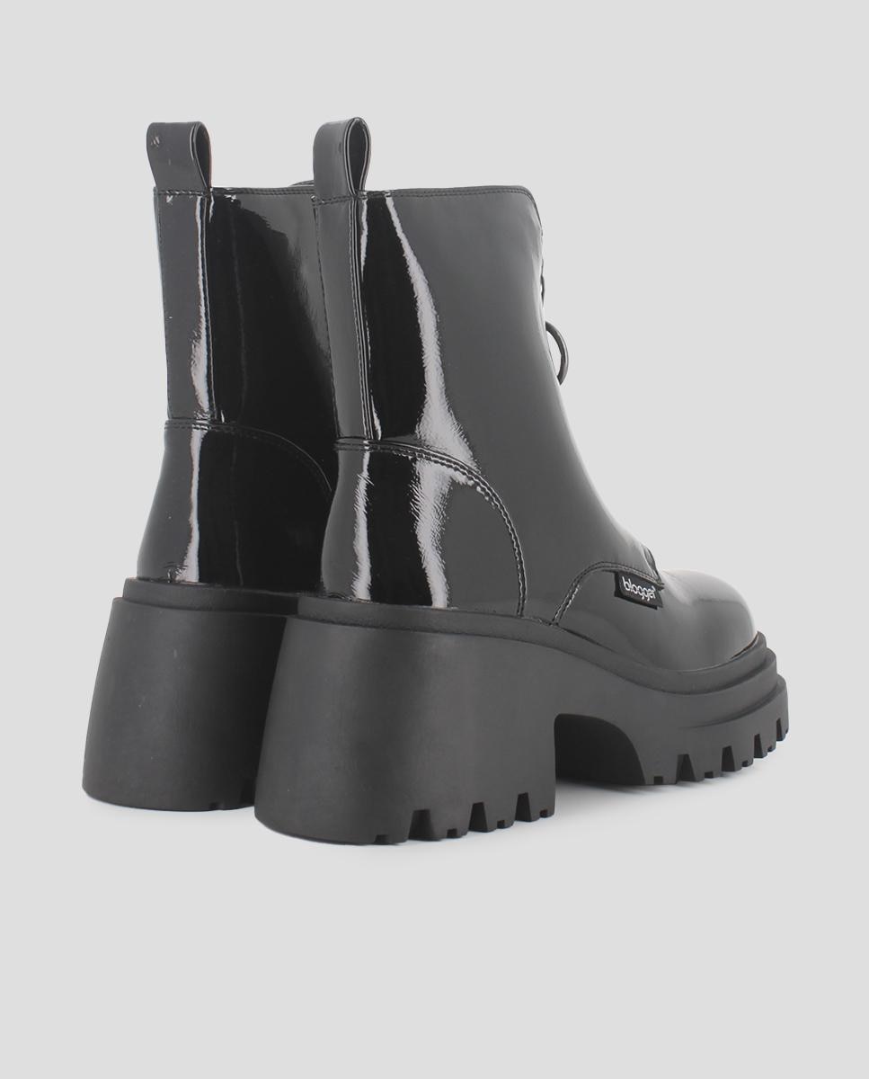 Botins Efeito Verniz com Fecho Zip Frontal Preto-3