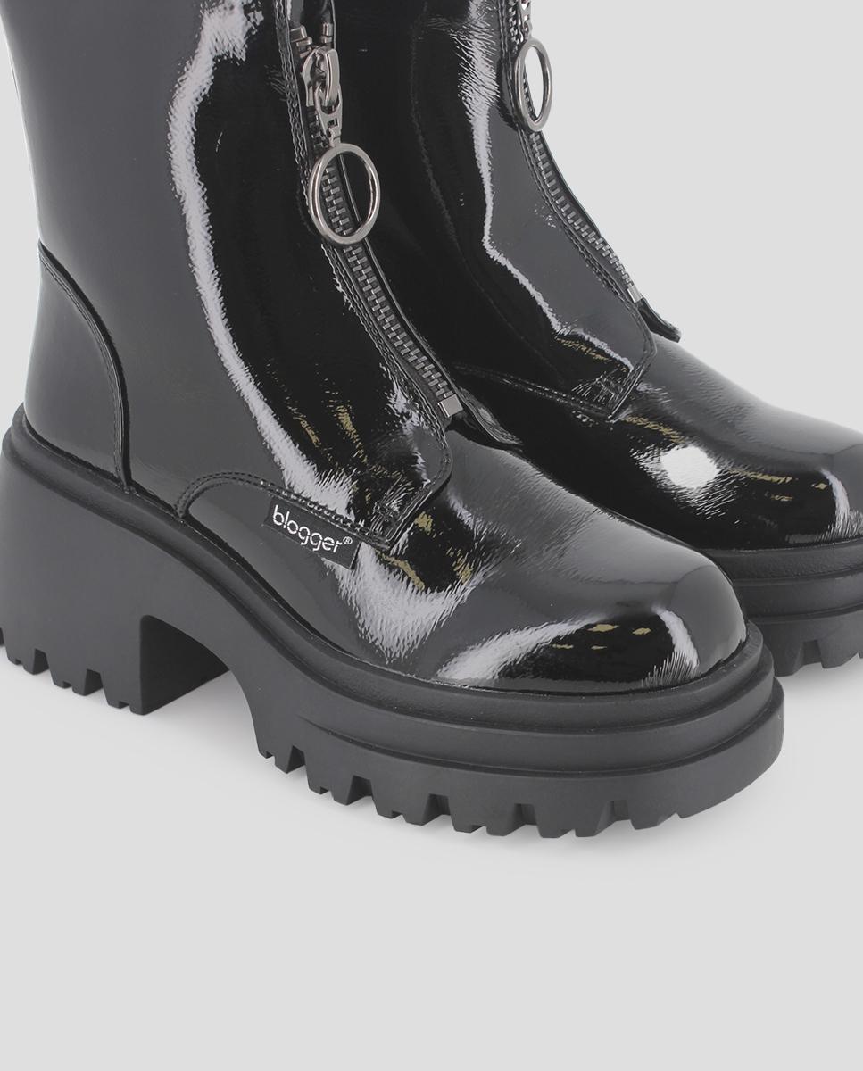 Botins Efeito Verniz com Fecho Zip Frontal Preto-4
