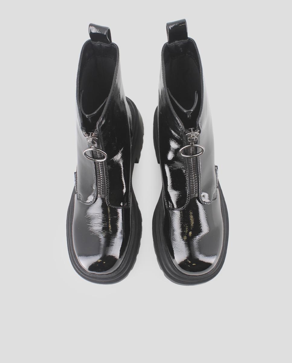 Botins Efeito Verniz com Fecho Zip Frontal Preto-5