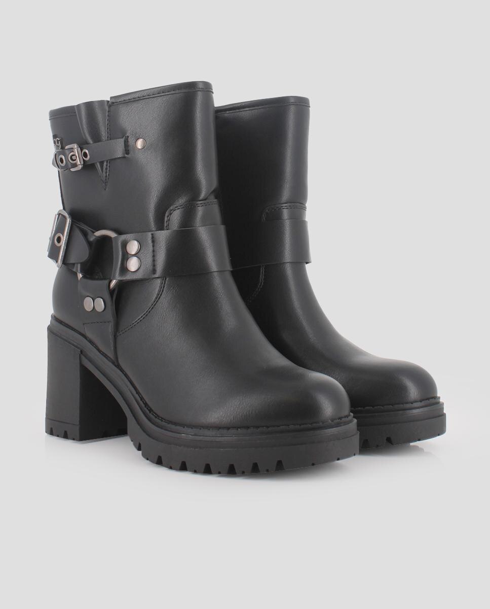Botins com Salto Largo e Detalhe de Fivelas Preto-2