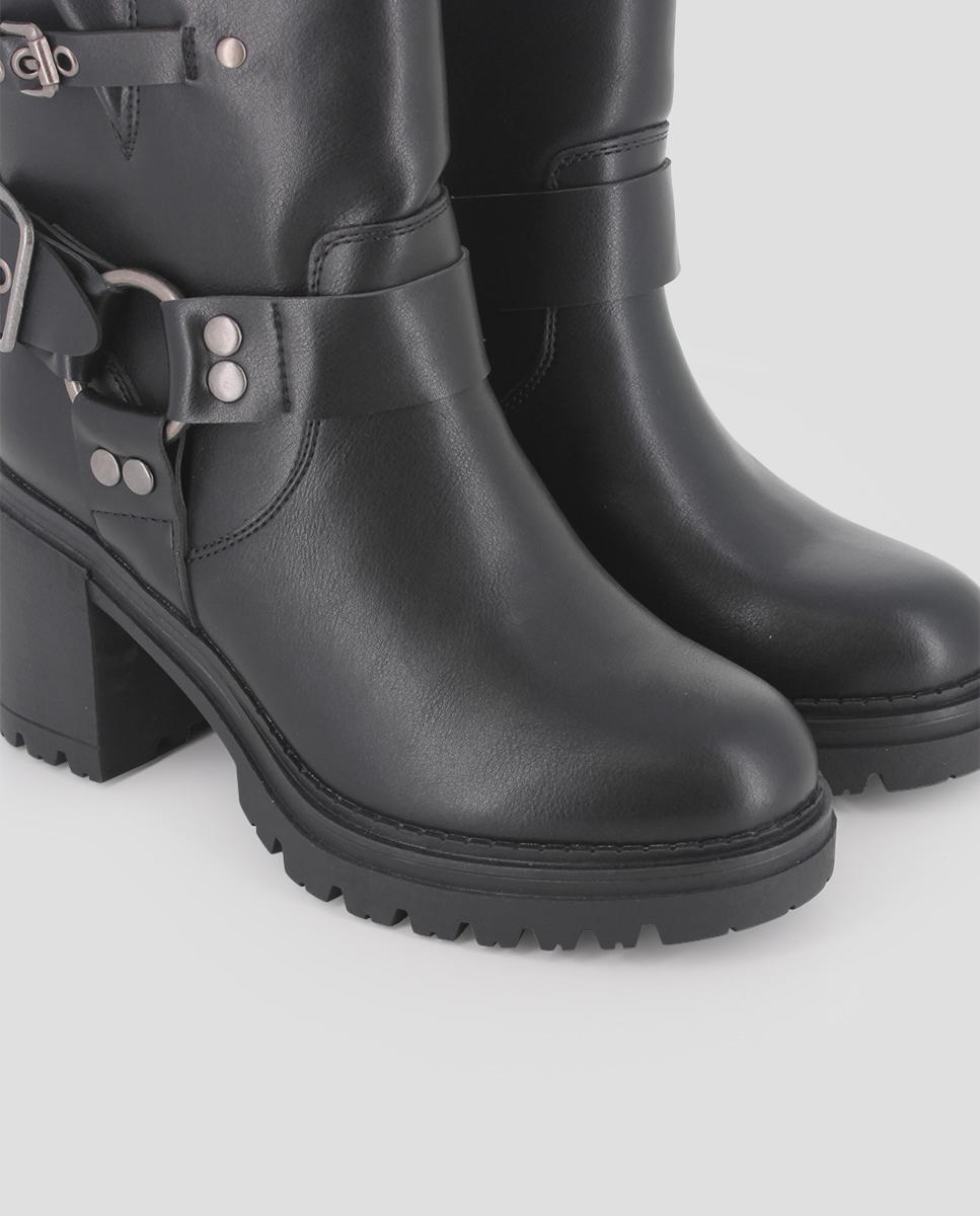 Botins com Salto Largo e Detalhe de Fivelas Preto-4