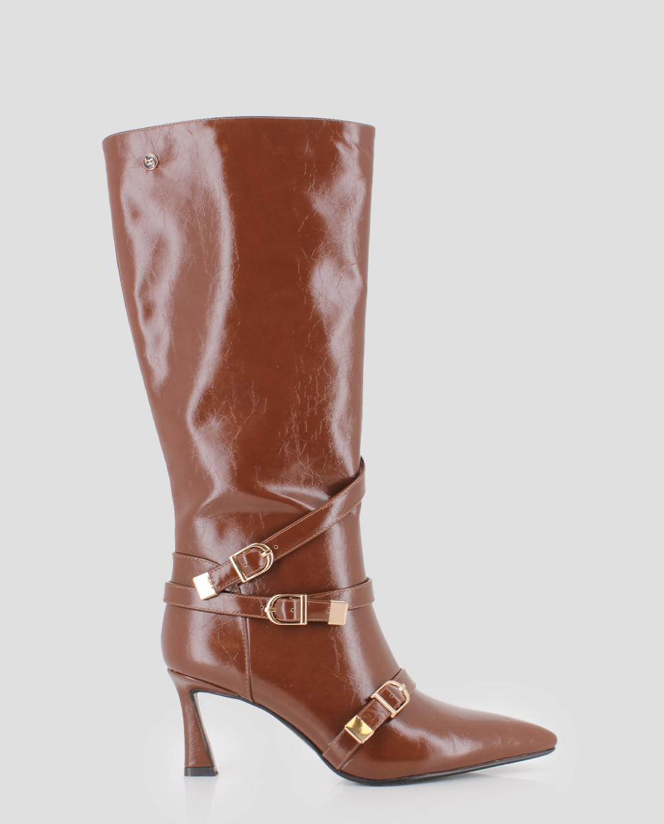 Botas com Detalhes de Fivelas Decorativas e Biqueira Pontiaguda Castanho-1