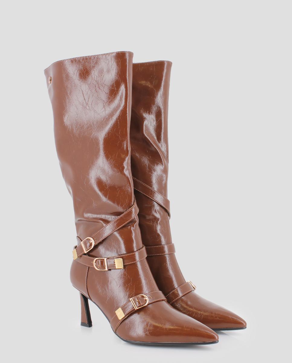 Botas com Detalhes de Fivelas Decorativas e Biqueira Pontiaguda Castanho-2