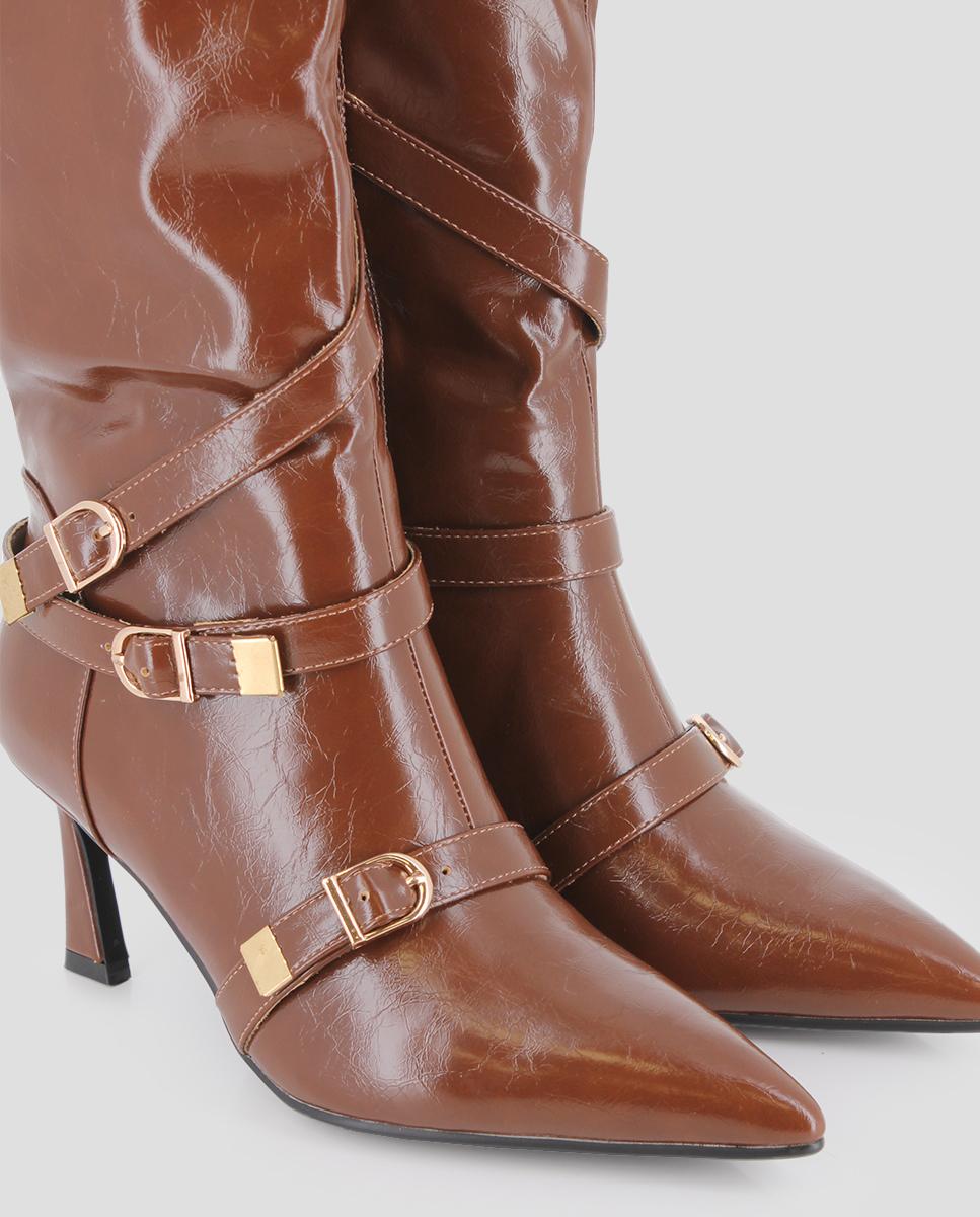 Botas com Detalhes de Fivelas Decorativas e Biqueira Pontiaguda Castanho-4