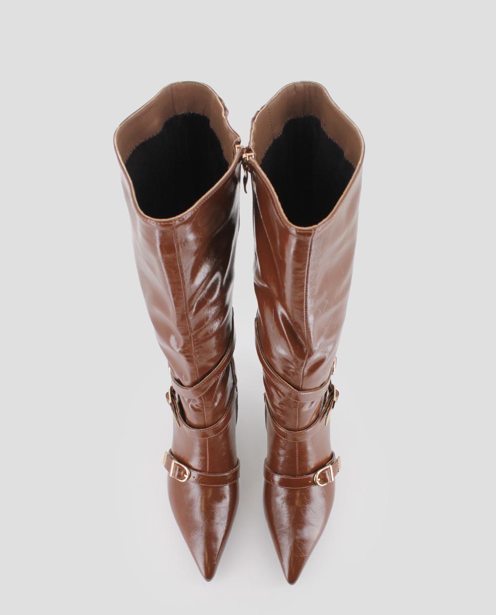 Botas com Detalhes de Fivelas Decorativas e Biqueira Pontiaguda Castanho-5