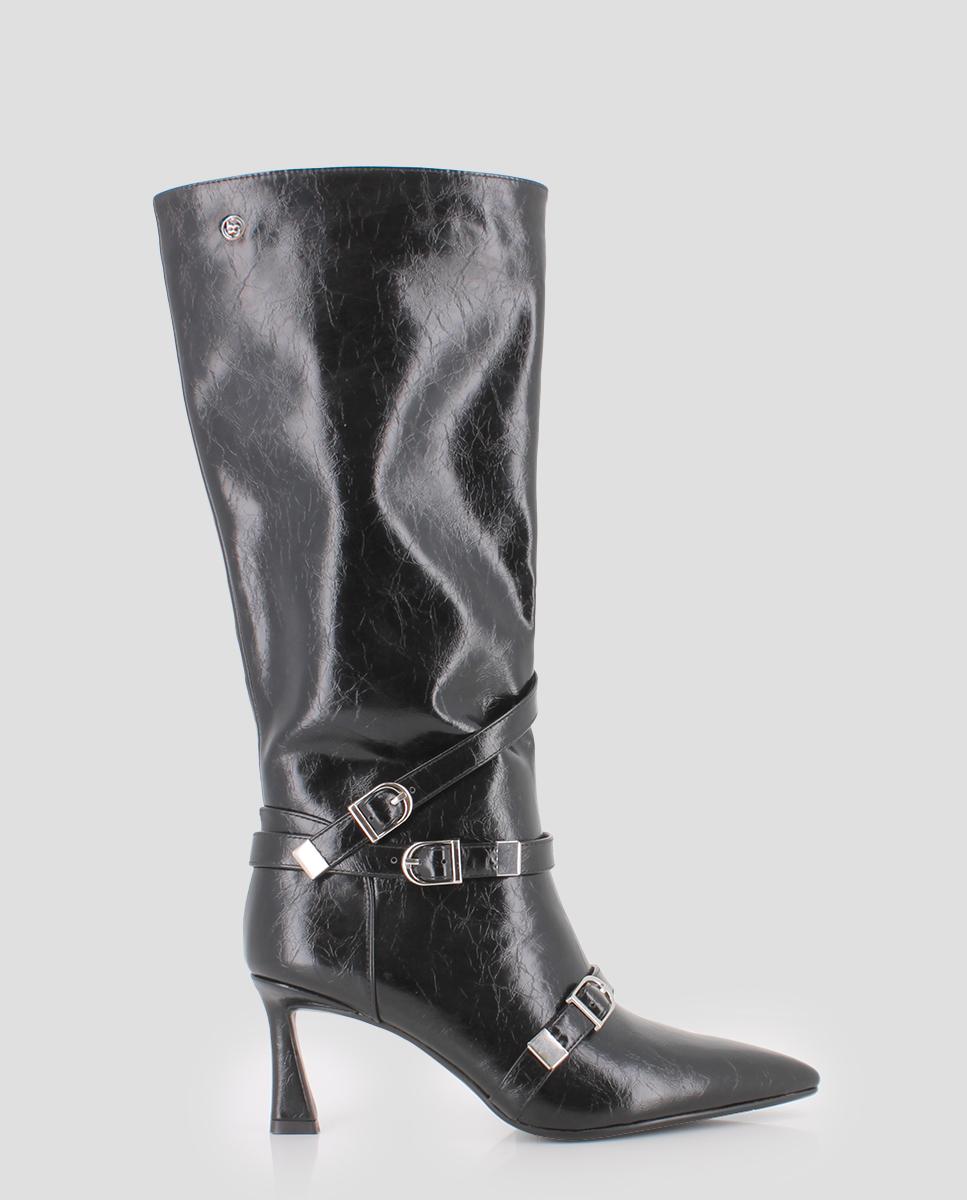 Botas com Metal Decorativo e Biqueira Pontiaguda Preto-1