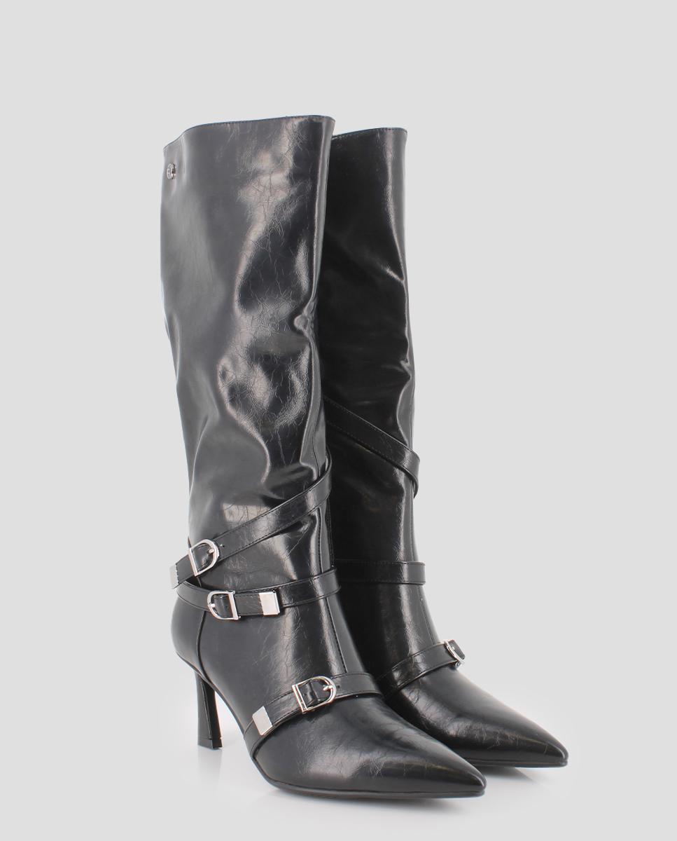 Botas com Metal Decorativo e Biqueira Pontiaguda Preto-2