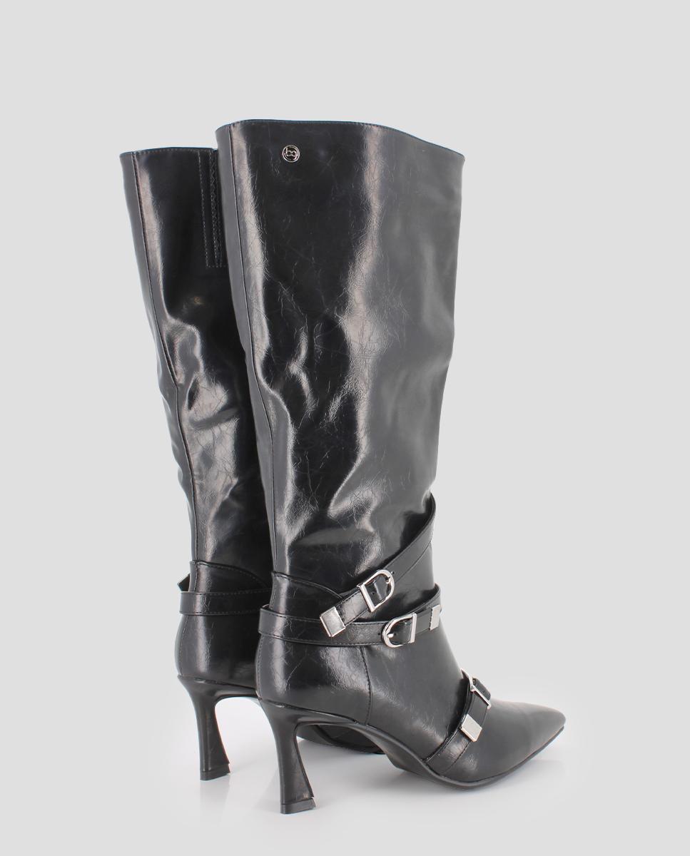 Botas com Metal Decorativo e Biqueira Pontiaguda Preto-3