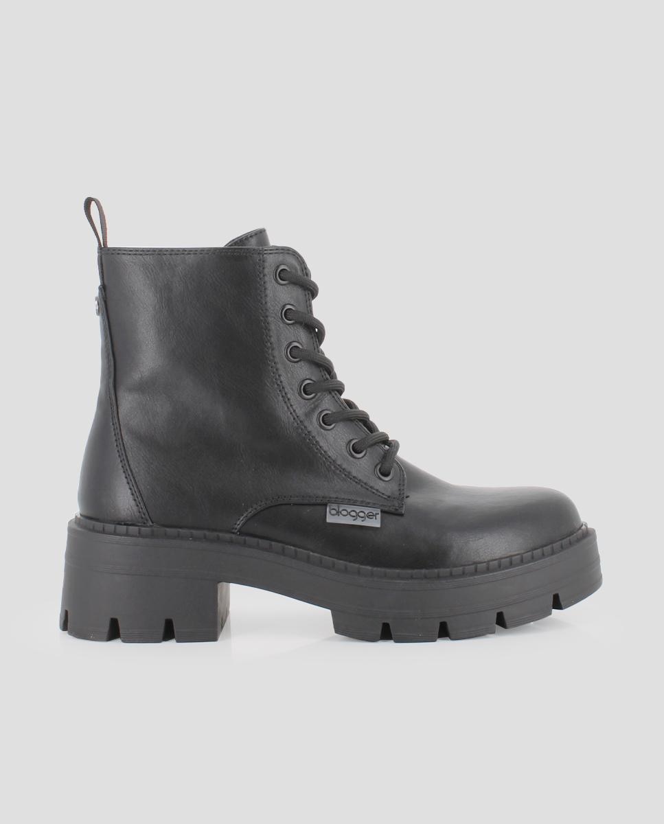 Botins Estilo Militar com Fecho Zip e Atacadores Preto-1