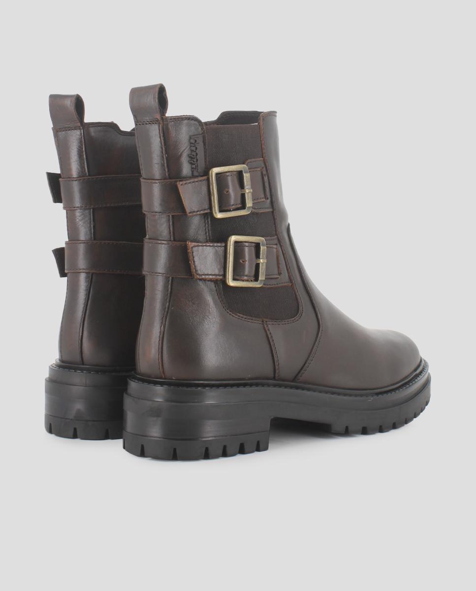 Botins de Pele com Detalhe de Duas Fivelas Castanho-escuro-3