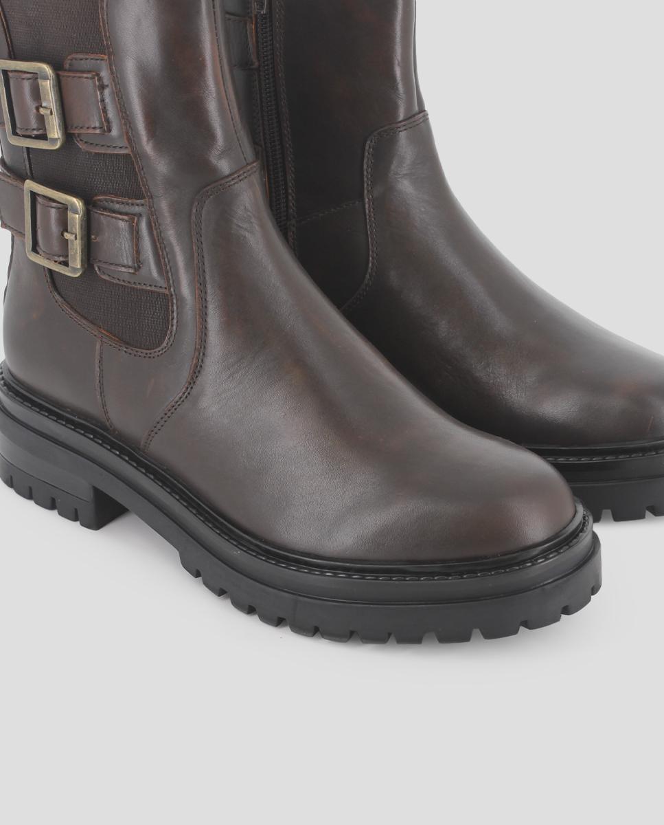 Botins de Pele com Detalhe de Duas Fivelas Castanho-escuro-4