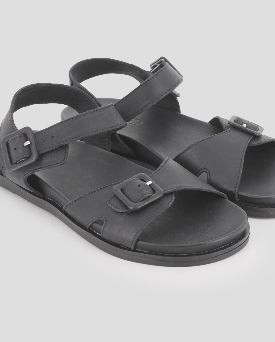 Sandálias Rasas de Pele com Fecho de Fivela Preto-4