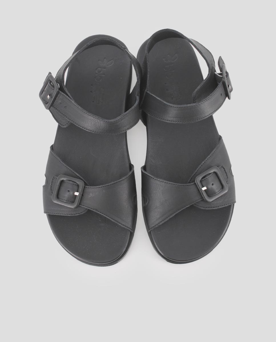 Sandálias Rasas de Pele com Fecho de Fivela Preto-5