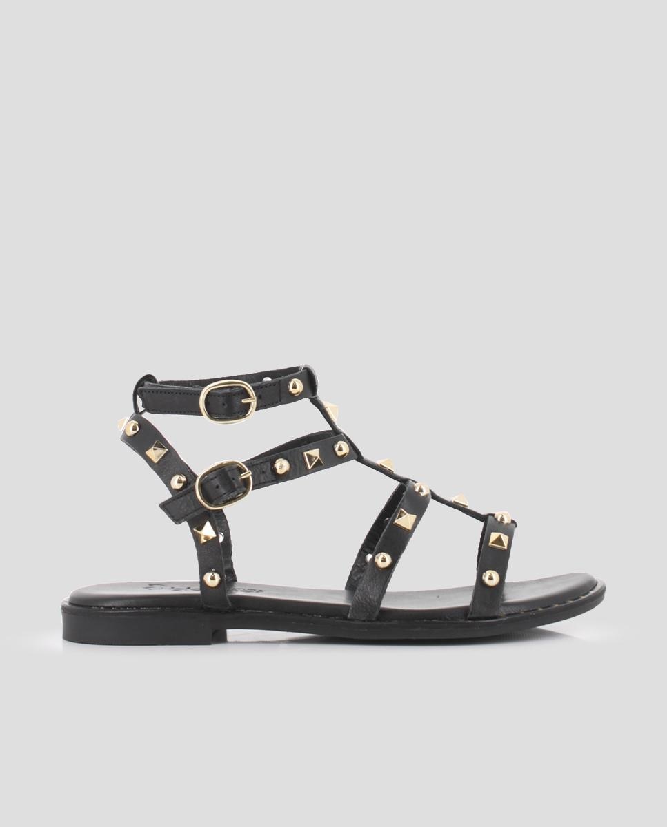 Sandálias Rasas de Pele Estilo Romanas Preto-1