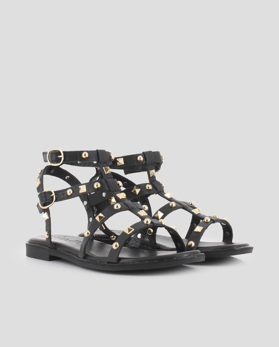 Sandálias Rasas de Pele Estilo Romanas Preto-2