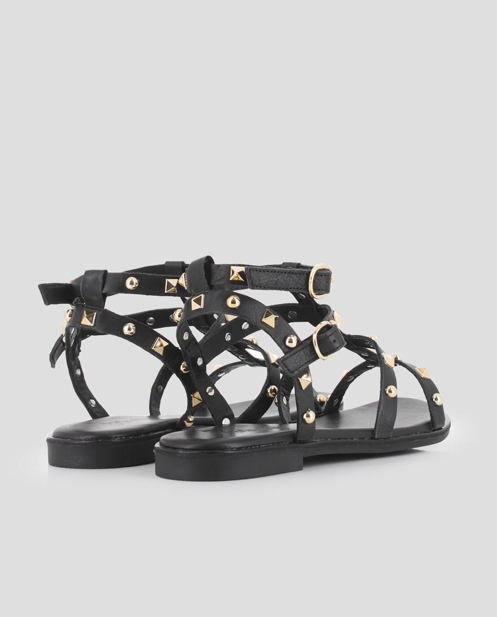 Sandálias Rasas de Pele Estilo Romanas Preto-3