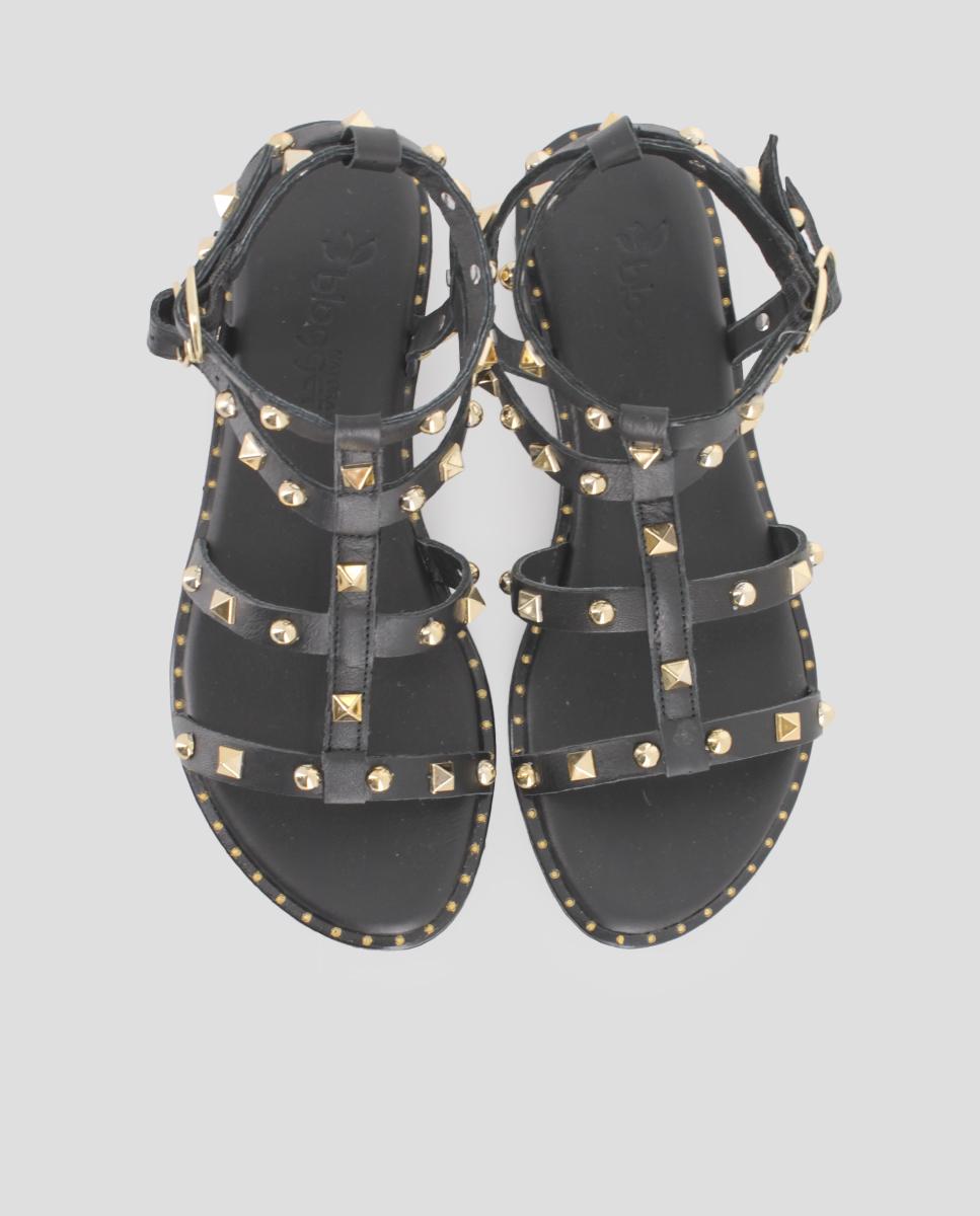 Sandálias Rasas de Pele Estilo Romanas Preto-5