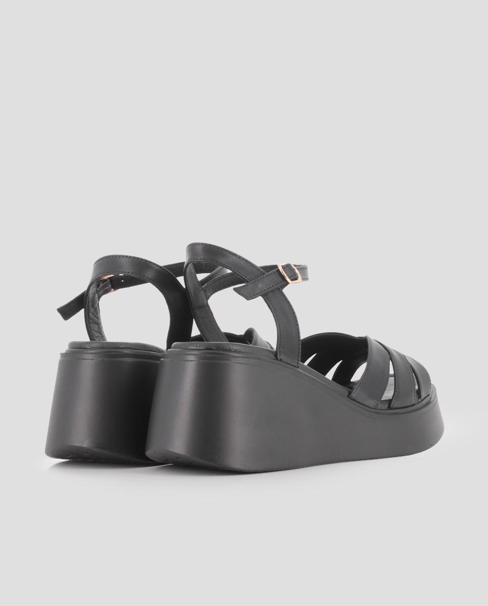 Sandálias de Cunha em Pele com Design Assimétrico Preto-3