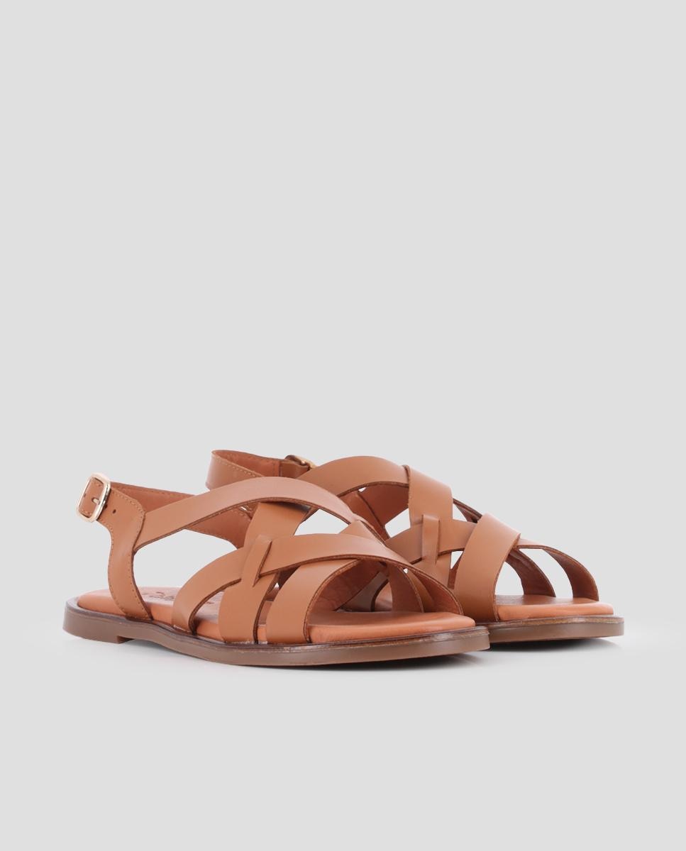 Sandálias Rasas de Pele com Tiras Entrelaçadas Castanho-2