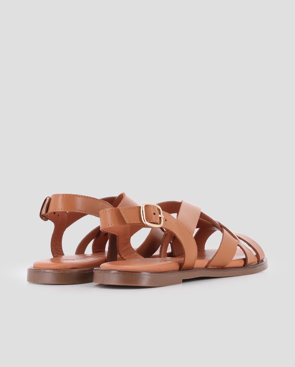 Sandálias Rasas de Pele com Tiras Entrelaçadas Castanho-3