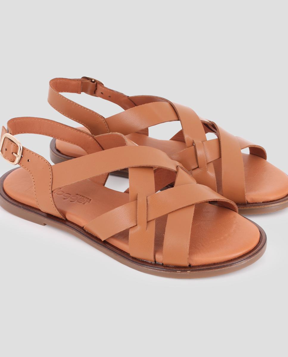 Sandálias Rasas de Pele com Tiras Entrelaçadas Castanho-4