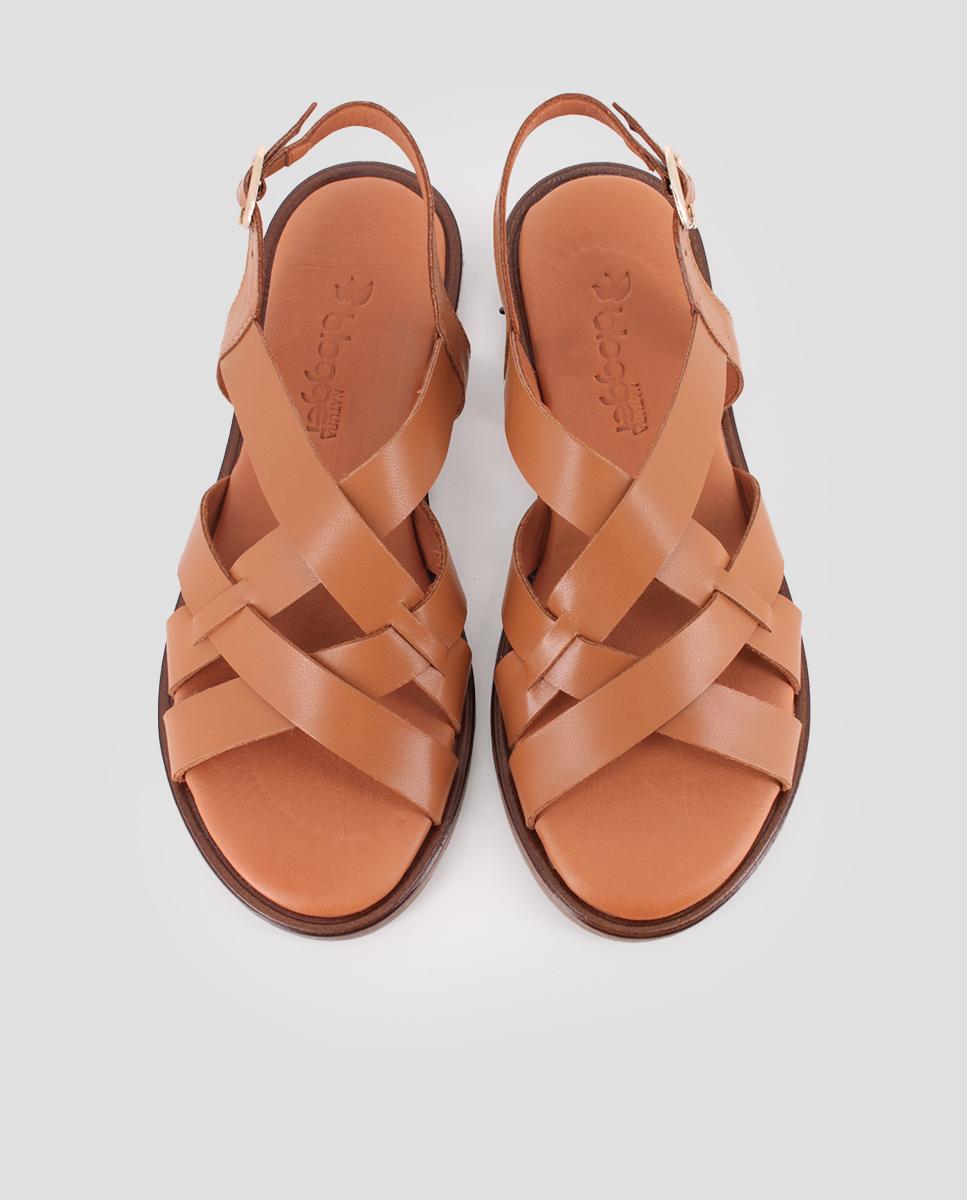 Sandálias Rasas de Pele com Tiras Entrelaçadas Castanho-5