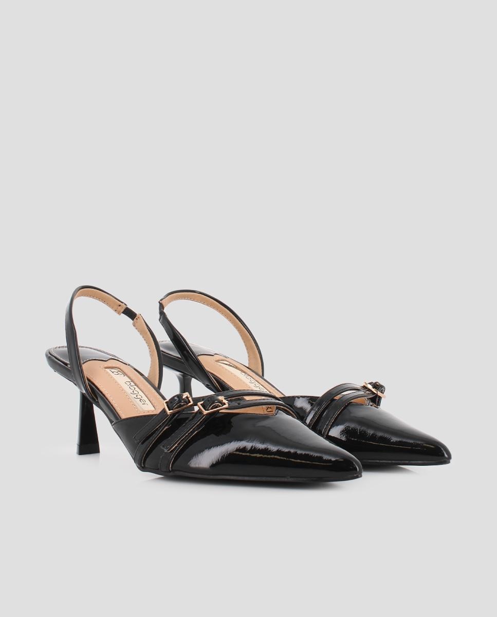 Sapatos de Salto com o Calcanhar Aberto e Detalhe de Fivelas Preto-2