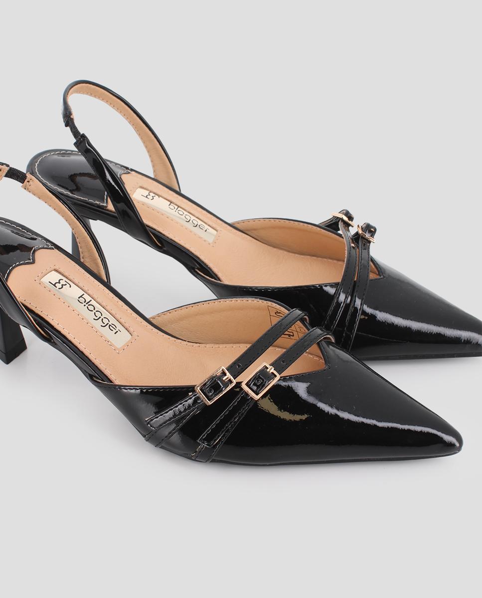 Sapatos de Salto com o Calcanhar Aberto e Detalhe de Fivelas Preto-4