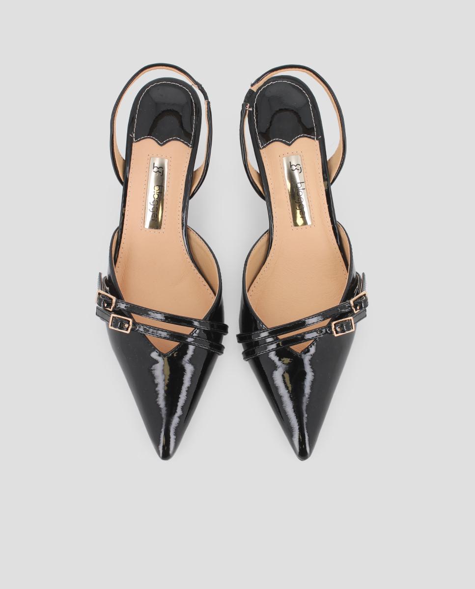Sapatos de Salto com o Calcanhar Aberto e Detalhe de Fivelas Preto-5