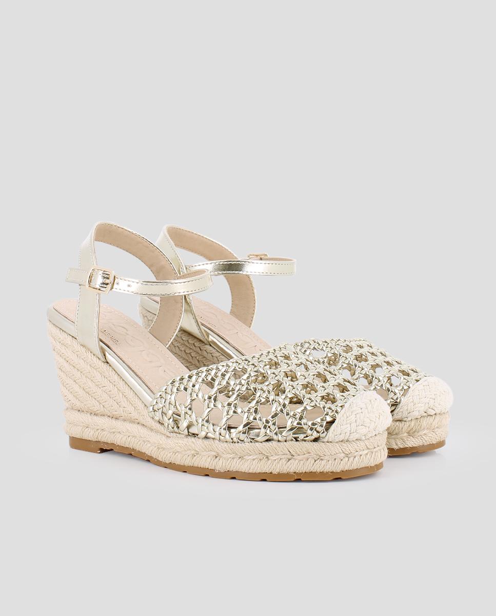 Alpercatas de Cunha com Design de Rede e Fecho de Fivela Ouro-2