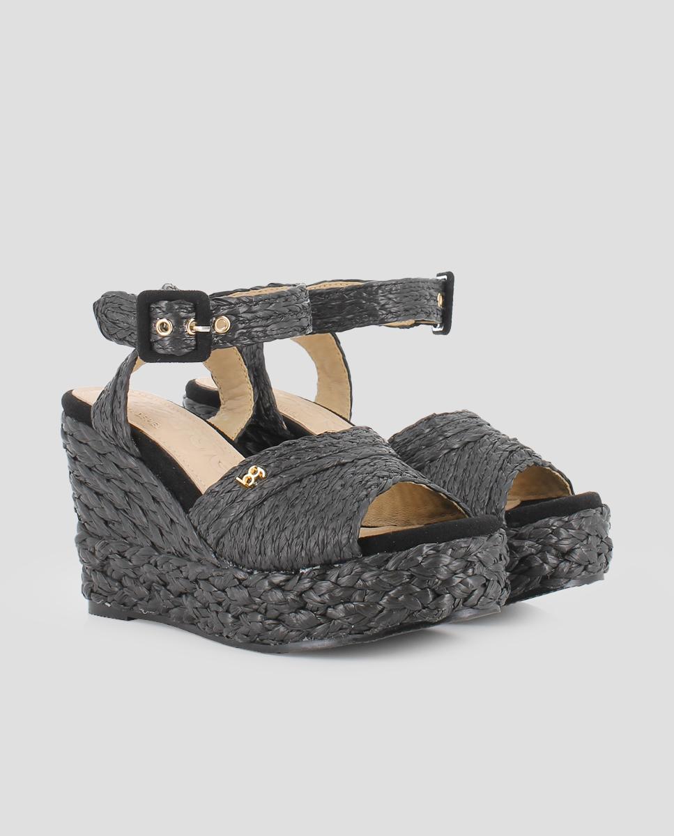 Sandálias de Cunha com Ráfia Entrançada e Fecho de Fivela Preto-2