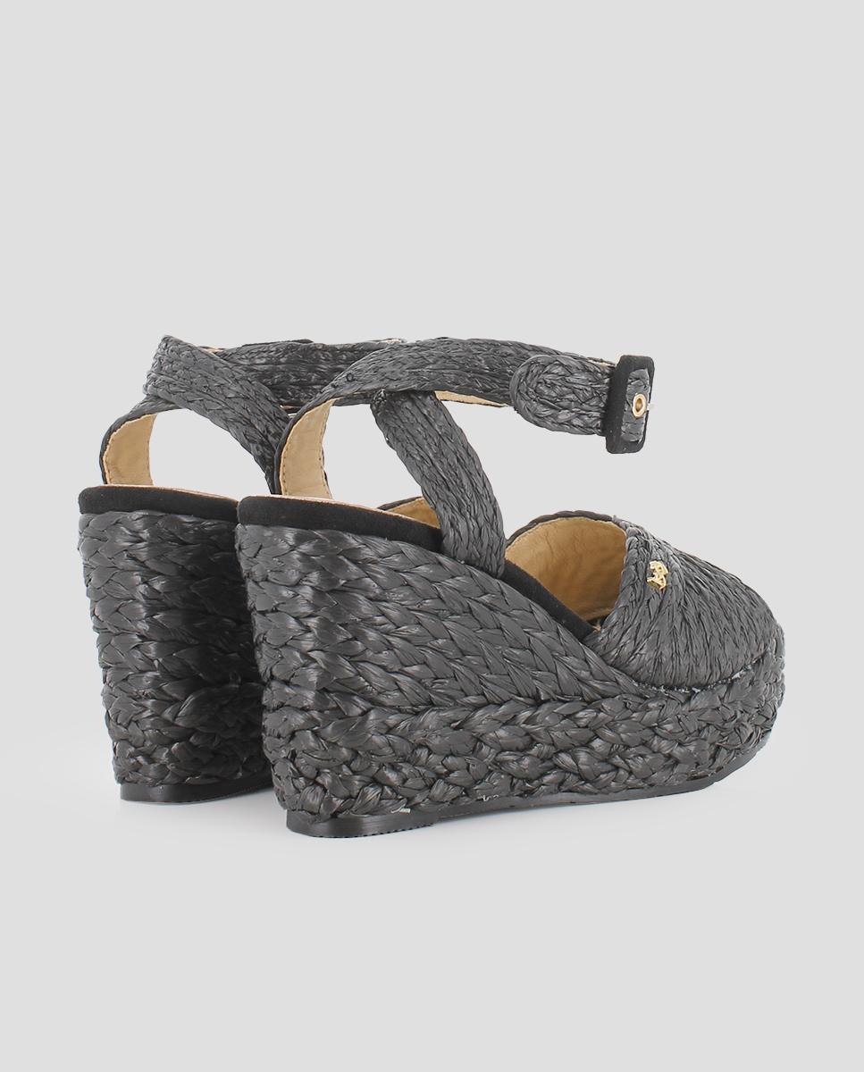 Sandálias de Cunha com Ráfia Entrançada e Fecho de Fivela Preto-3