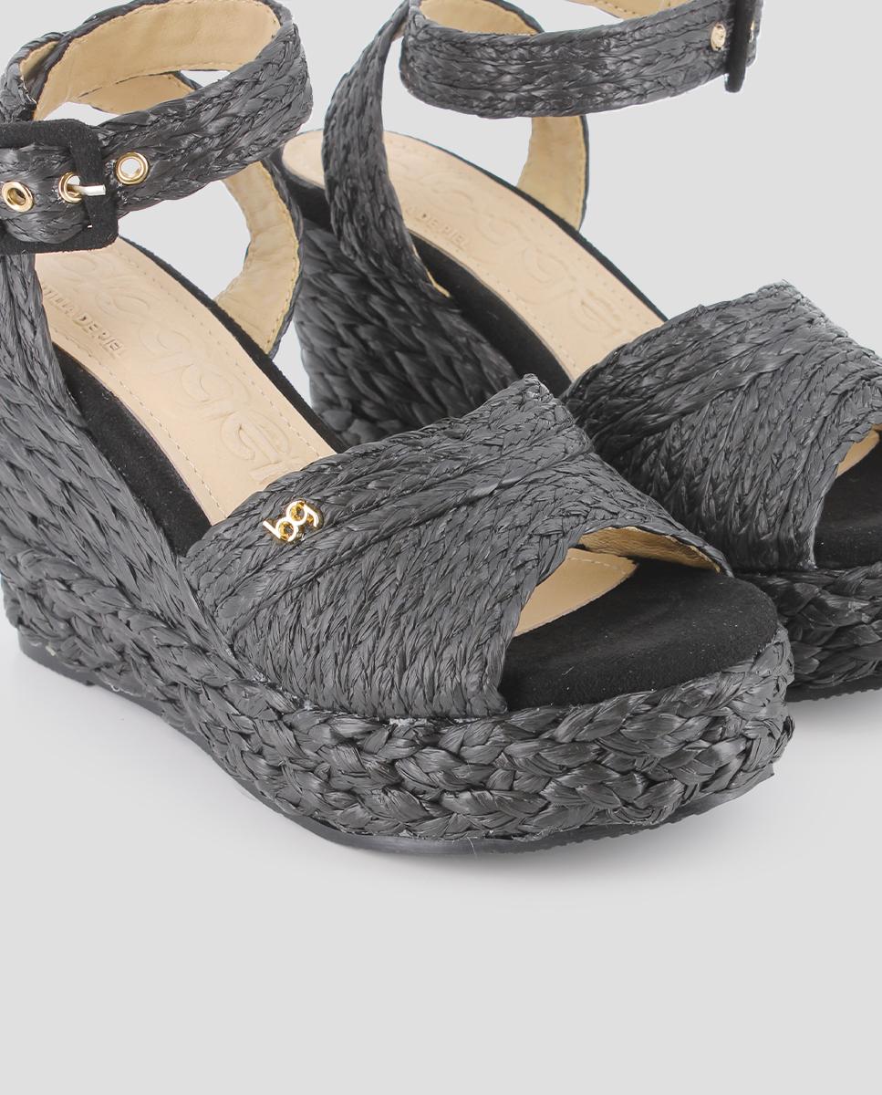Sandálias de Cunha com Ráfia Entrançada e Fecho de Fivela Preto-4
