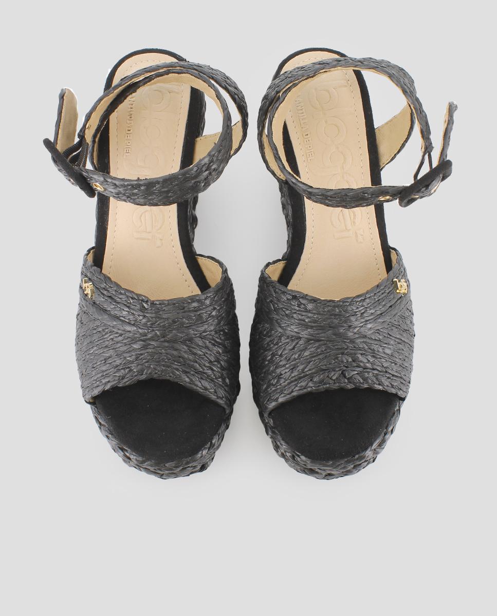 Sandálias de Cunha com Ráfia Entrançada e Fecho de Fivela Preto-5