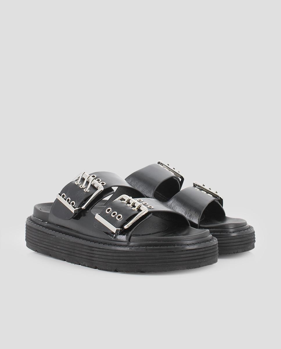 Sandálias de Plataforma com Dupla Tira e Fivelas Preto-3