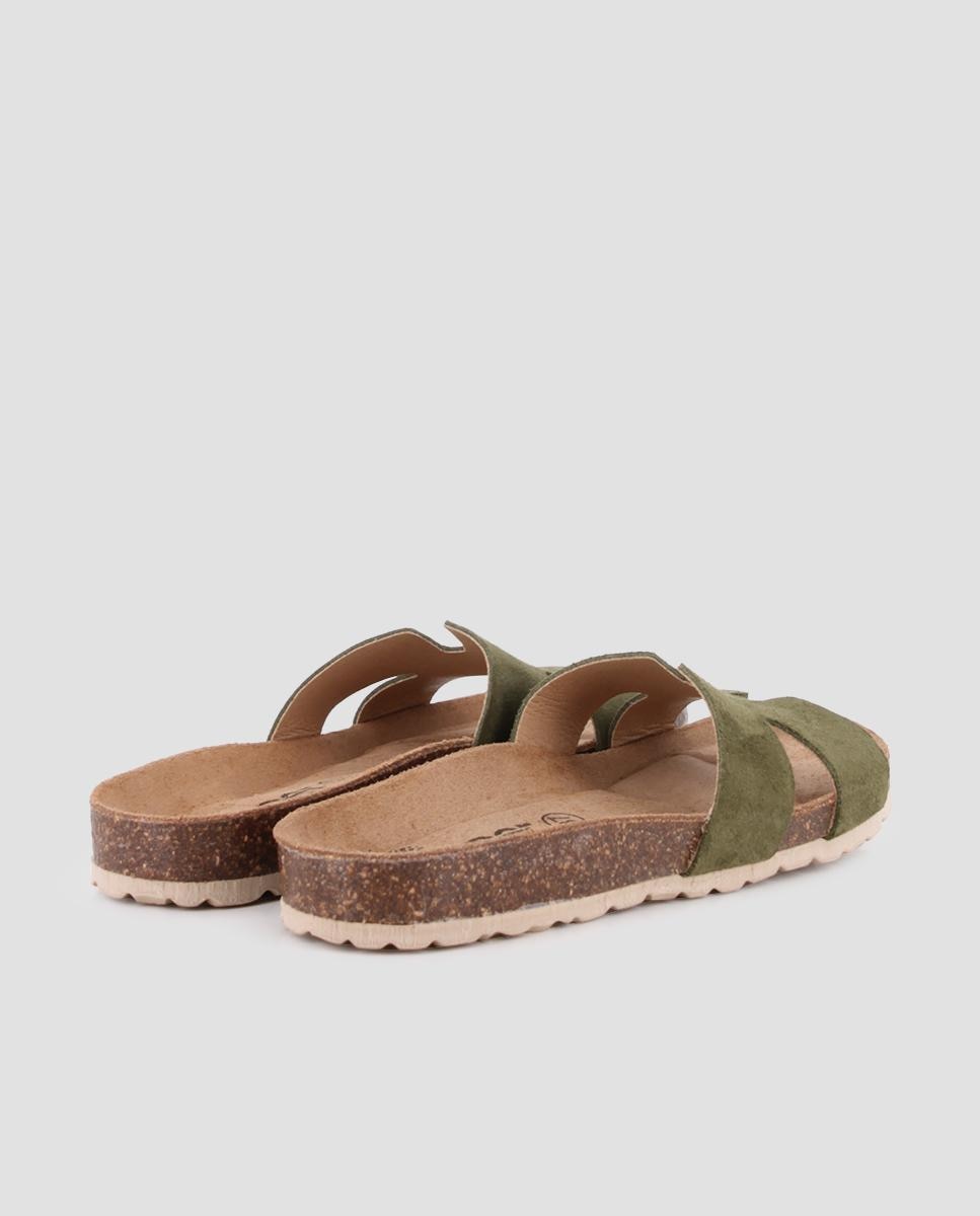 Sandálias Rasas de Pele com Corte Assimétrico Caqui-3