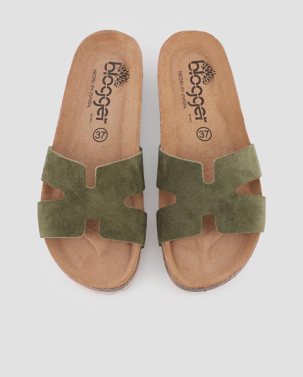 Sandálias Rasas de Pele com Corte Assimétrico Caqui-5