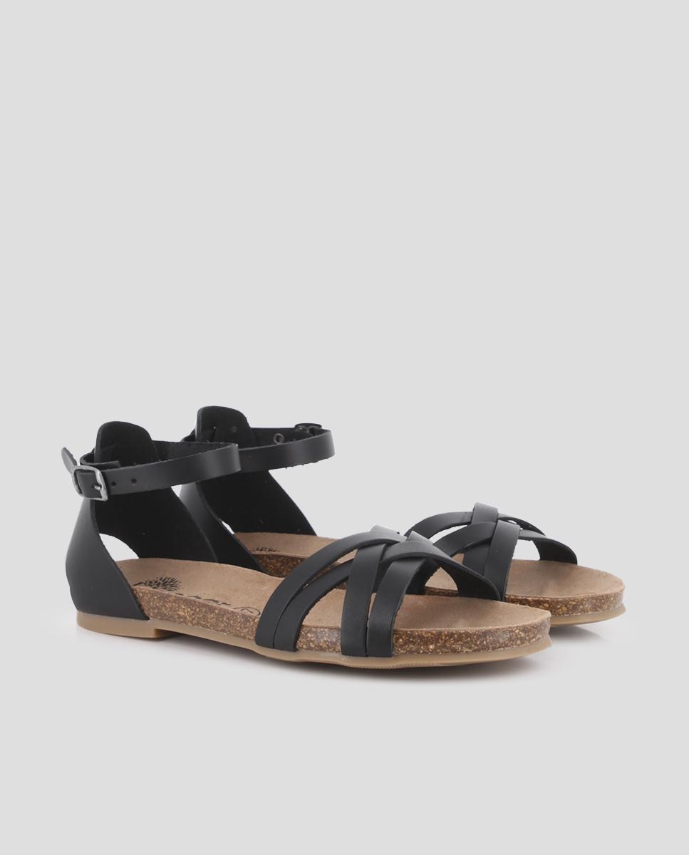 Sandálias Rasas de Pele com Pulseira no Tornozelo Preto-2