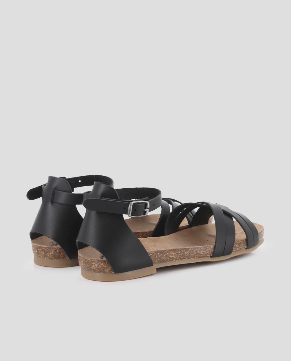 Sandálias Rasas de Pele com Pulseira no Tornozelo Preto-3