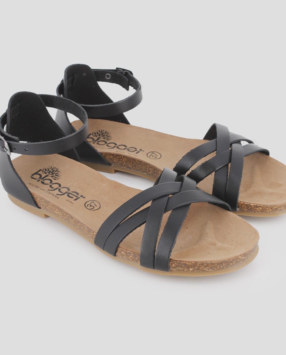 Sandálias Rasas de Pele com Pulseira no Tornozelo Preto-4